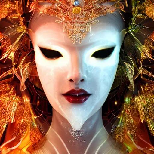 Prompt: highly detailed digital painting of a beautiful goddess by wlop, bright light emerging from her eyes, wearing a mask, sculpted in white opalescent marble, with lots of thin ornaments, disolving with a luminous background, curves and chaotic fractal art inlays, intricate, 8 k, golden aura, cinematic light, background atmospheric effects, sparkles, light rays