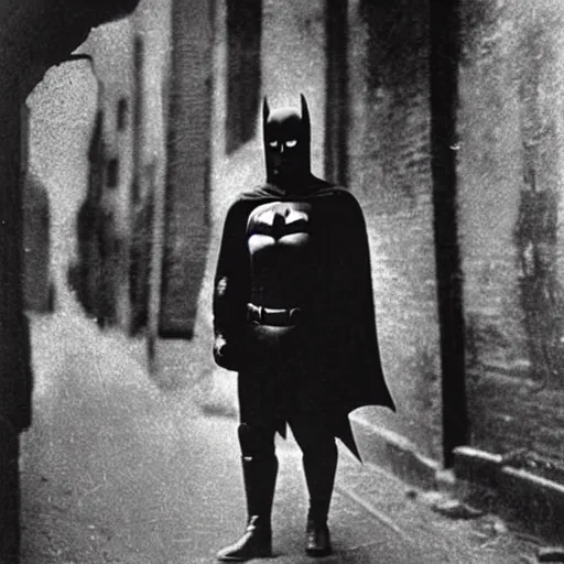 Image similar to old black and white photo portrait, 1 9 2 5, close - up portrait depicting batman with his head down in alley of new york city, rule of thirds, historical record