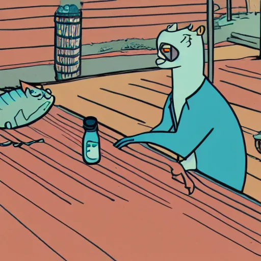 Image similar to illustration of a anthromorphic catfish giving a thumbs up in the style of bojack horseman, by lisa hanawalt