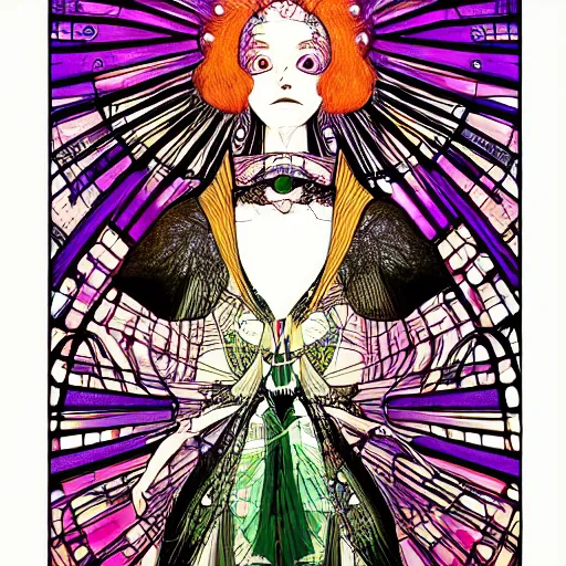 Prompt: madoka magica, portrait, harry clarke art style, pulp science fiction illustration