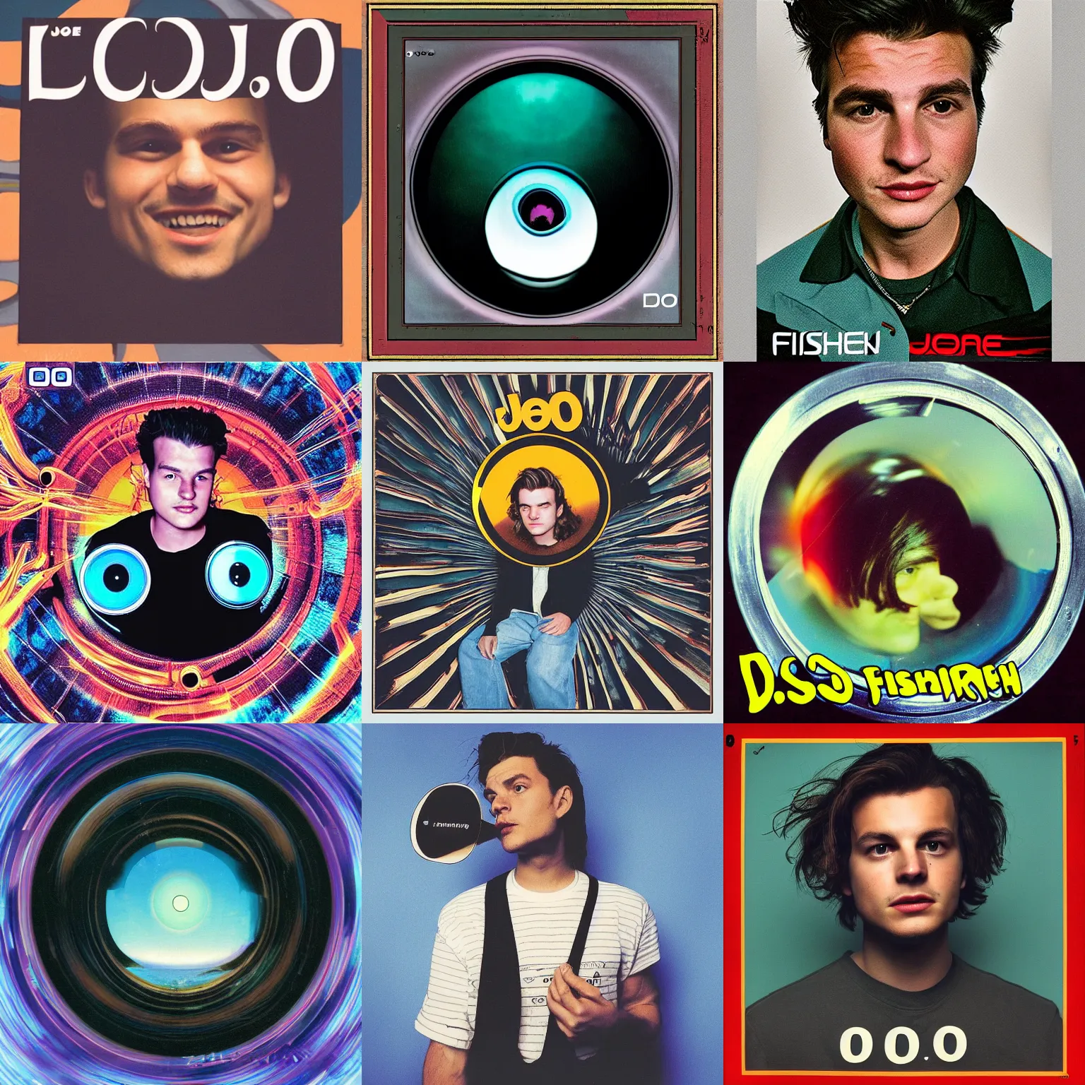 Prompt: fisheye lens 90s album cover of djo, joe keery, artwork