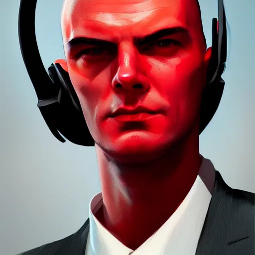 Image similar to a portrait pf agent 4 7 from hitman wearing headphones, red background, rim light, highly detailed, digital art, artstation, concept art, smooth, sharp focus, greg rutkowski, wlop