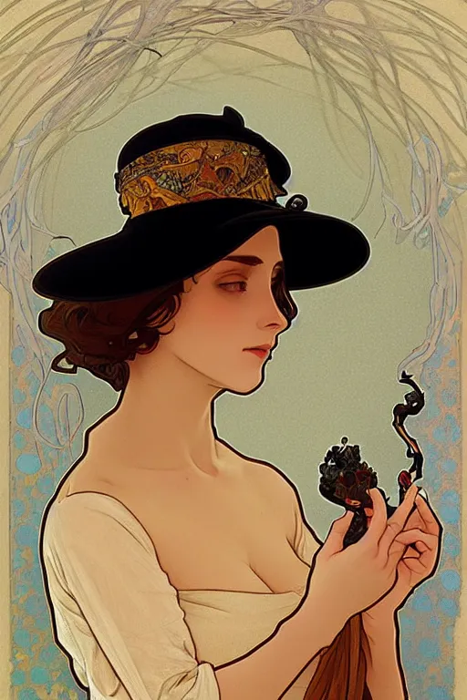 Image similar to Sad woman smoking a gigarette, wearing hat made of smoke and ashes, fantasy, intricate, elegant, highly detailed, digital painting, artstation, concept art, smooth, sharp focus, illustration, art by alphonse mucha and victor vasarely