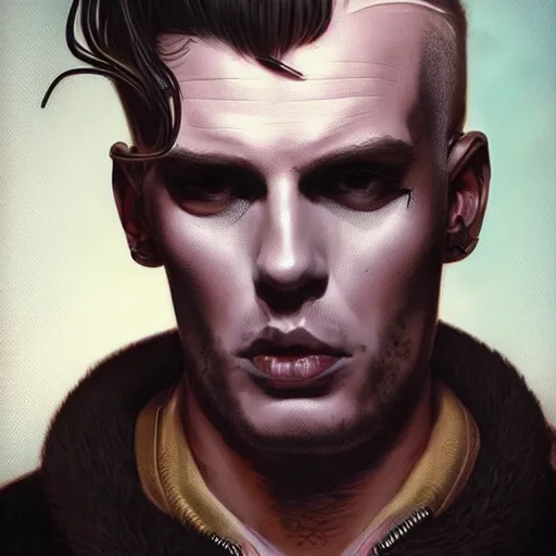 Image similar to character portrait of a retro punk man in a mohawk, shaved sides of head, dystopian cyberpunk steampunk soviet mood, intricate, wild, highly detailed, digital painting, artstation, upper body, concept art, smooth, sharp focus, illustration, art by artgerm and greg rutkowski and alphonse mucha