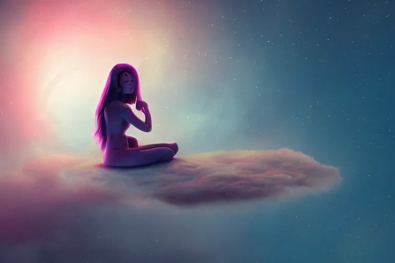 Image similar to a cute alien girl sitting on a cloud relaxing, misty, glows, digital art, hazy, foggy, red lighting, ambient lighting, 8 k,