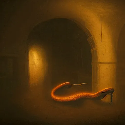 Prompt: A dark room with a large colored snake in the center of it, Renaissance Painting, Atmospheric Lighting, artstation trending