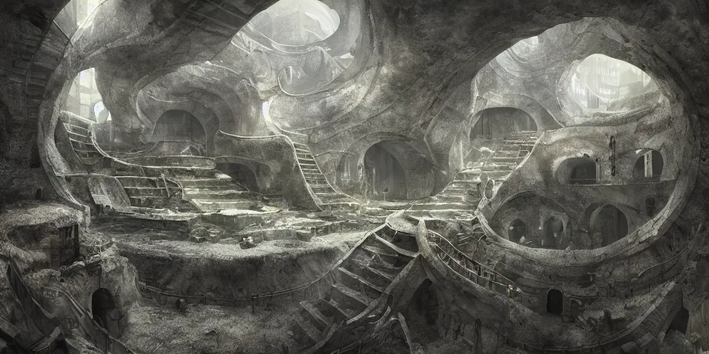 Prompt: an underground city built in a round bottomless chasm, houses are carved into the sidewalls, long winding stairs going down, 8 k, shallow depth of field, moody lighting, ultra high detail, concept art,