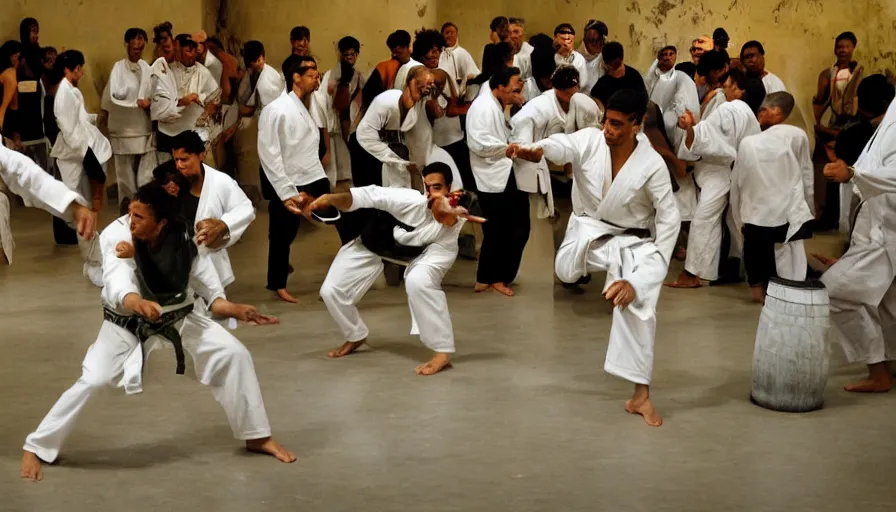 Prompt: capoeira roda in theatre museum dali, national geographic photography,