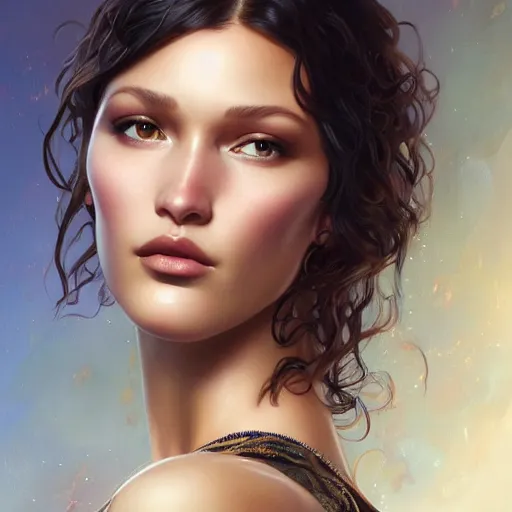 Image similar to ultra realistic illustration, bella hadid with a curly english mustache, intricate, elegant, highly detailed, digital painting, artstation, concept art, smooth, sharp focus, illustration, art by artgerm and greg rutkowski and alphonse mucha