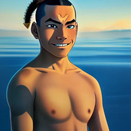 Image similar to beautiful serene intricate photograph of sokka from the water tribe as an inuit young man with light blue eyes, smiling confidently, relaxing on the beach, golden hour, soft focus, 8 k, art by irakli nadar, hyperrealism, hyperdetailed, ultra realistic