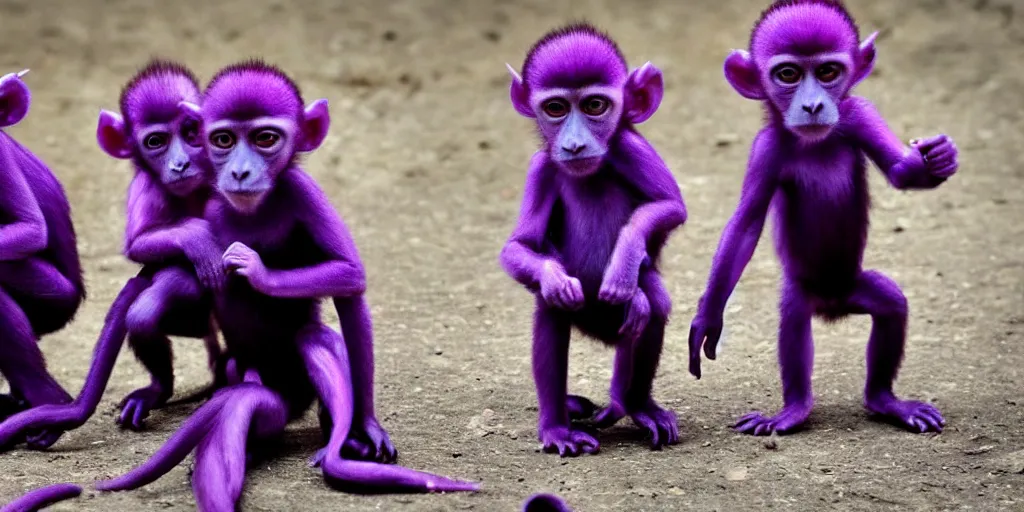 Image similar to purple monkeys with red eyes smoking. they are mean bad boys