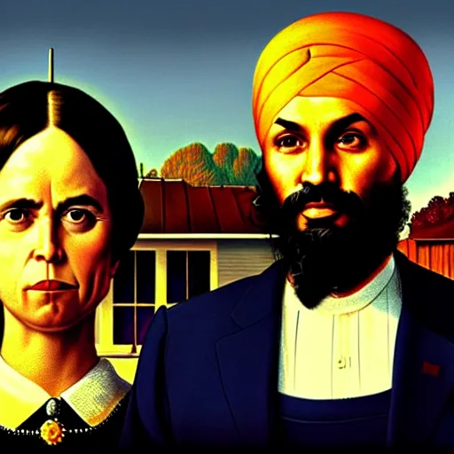 Image similar to Justin Trudeau with Jagmeet Singh in the american gothic painting, concept art, sharp focus, highly detailed digital painting by Grant Wood, artstation