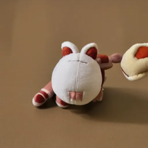 Prompt: a small plush toy of meowth from pokemon being douced in milk and thrown against a wall