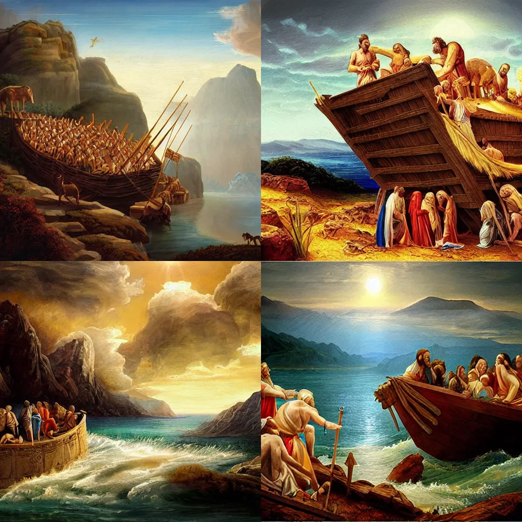 Prompt: biblical illustration of Noah’s Ark on a mountain, realistic painting, classical painting, high definition, digital art, matte painting, very detailed, realistic
