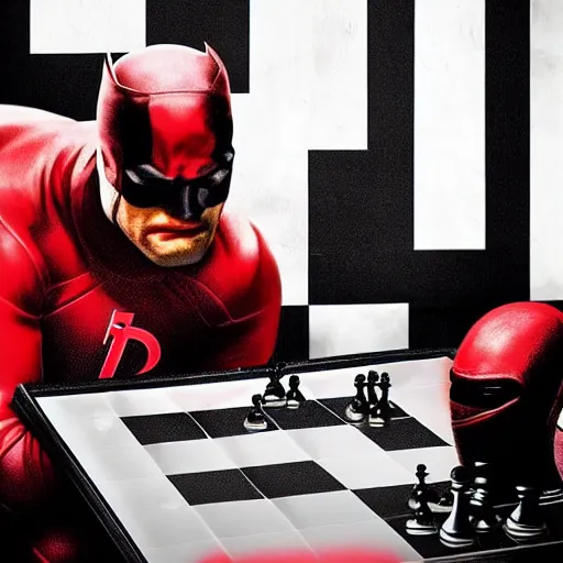 Image similar to daredevil from marvel playing chess, octane, realistic photograph