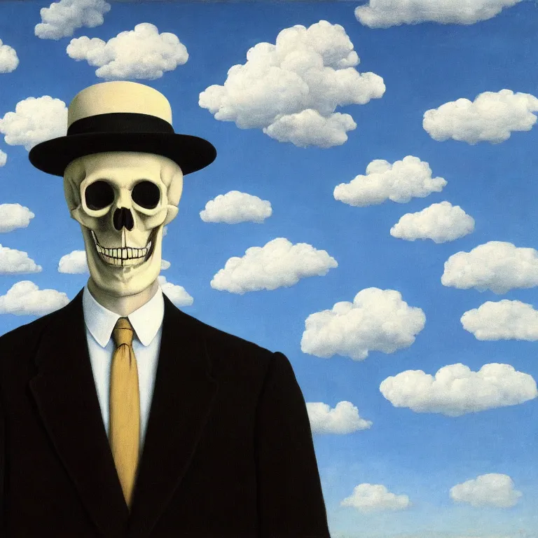 Prompt: portrait of a skeleton in a suit, clouds in the background, by rene magritte, detailed painting, distance, middle centered, hd, hq, high resolution, high detail, 4 k, 8 k