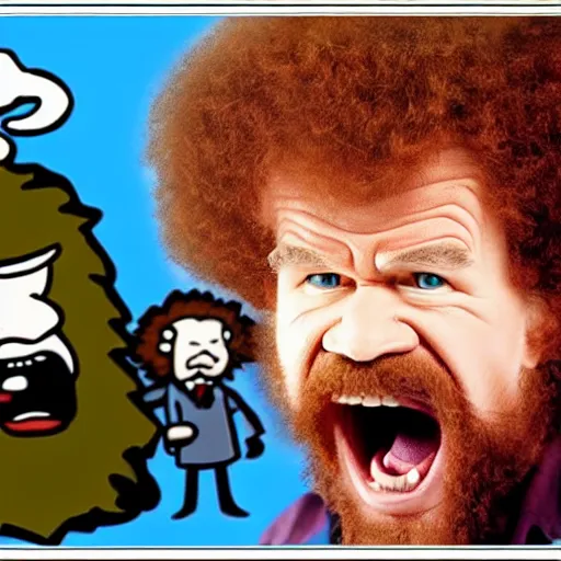 Image similar to angry bob ross screaming at laptop cartoon strip