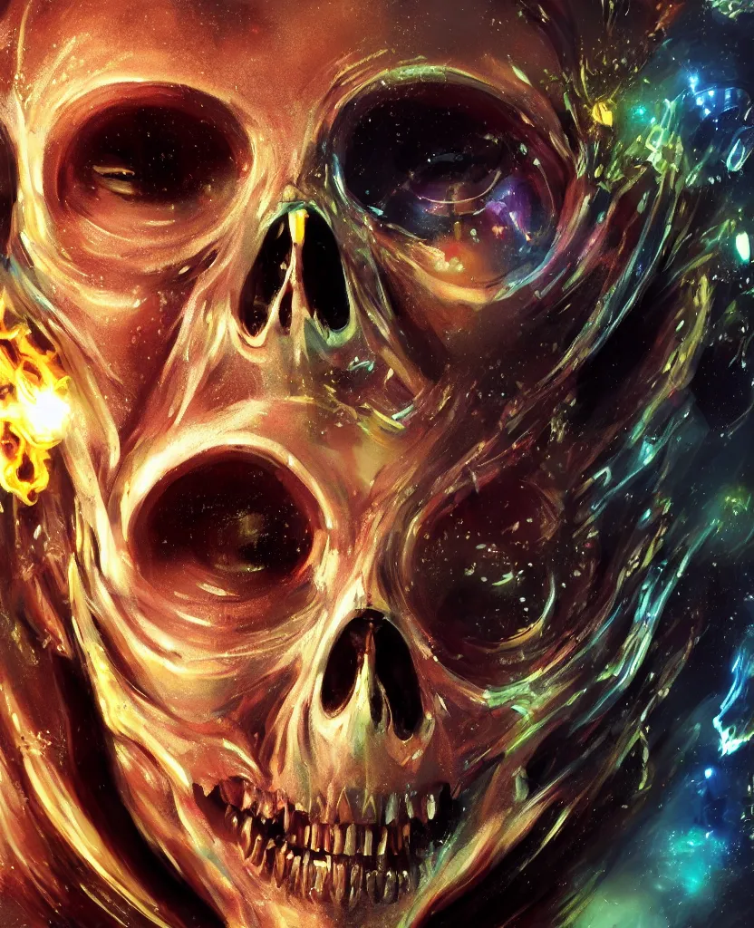 Image similar to close-up macro portrait of the face of a beautiful princess rotten skull in a spaceman suit bob marley, epic angle and pose, symmetrical artwork, 3d with depth of field, blurred background, cybernetic jellyfish female face skull phoenix bird, translucent, nautilus, energy flows of water and fire. a highly detailed epic cinematic concept art CG render. made in Maya, Blender and Photoshop, octane render, excellent composition, cinematic dystopian brutalist atmosphere, dynamic dramatic cinematic lighting, aesthetic, very inspirational, arthouse. y Greg Rutkowski, Ilya Kuvshinov, WLOP, Stanley Artgerm Lau, Ruan Jia and Fenghua Zhong