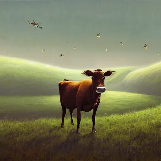 Prompt: a detailed matte landscape painting of a cow standing in a grassy field wearing a witch hat, cow wearing hat!!!! viewed in profile, fog and flying glowing moths in the background, ultrawide lens, aerial photography, black and blue color scheme with gold highlights, art by paul kidby in a silly and cartoony art style, 8 k