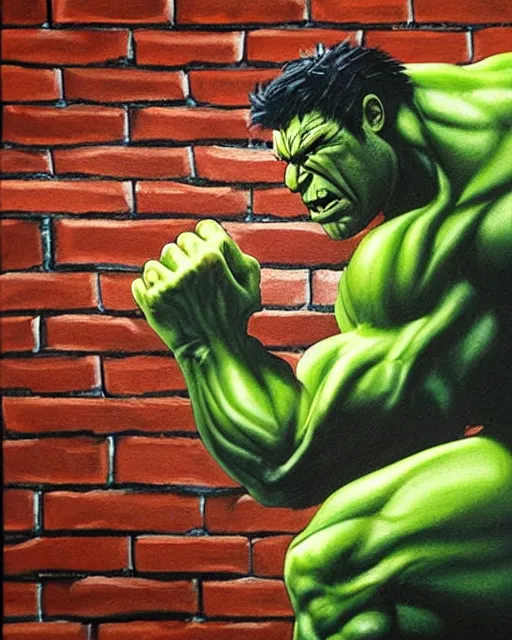 Image similar to a moody painting of the incredible hulk looking angry and breaking through a brick wall