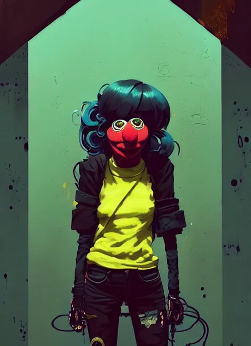 Prompt: highly detailed portrait of a moody sewerpunk young adult muppet lady by atey ghailan, by greg rutkowski, by greg, tocchini, by james gilleard, by joe fenton, by kaethe butcher, gradient yellow, black, brown and cyan color scheme, grunge aesthetic!!! ( ( graffiti tag city background ) )