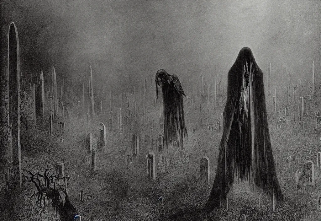 Prompt: the dark angel of death walking among the graves at st. louis cementer in new orleans by billelis, clive barker, and zdzisław beksinski