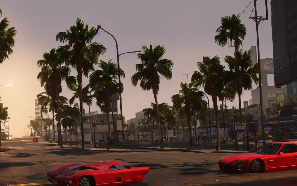 Image similar to still next - gen ps 5 game grand theft auto 6 2 0 2 4 remaster, graphics mods, rain, red sunset, people, rtx reflections, gta vi, miami, palms and miami buildings, photorealistic screenshot, unreal engine 5, 4 k, 5 0 mm bokeh, gta vice city remastered, artstation