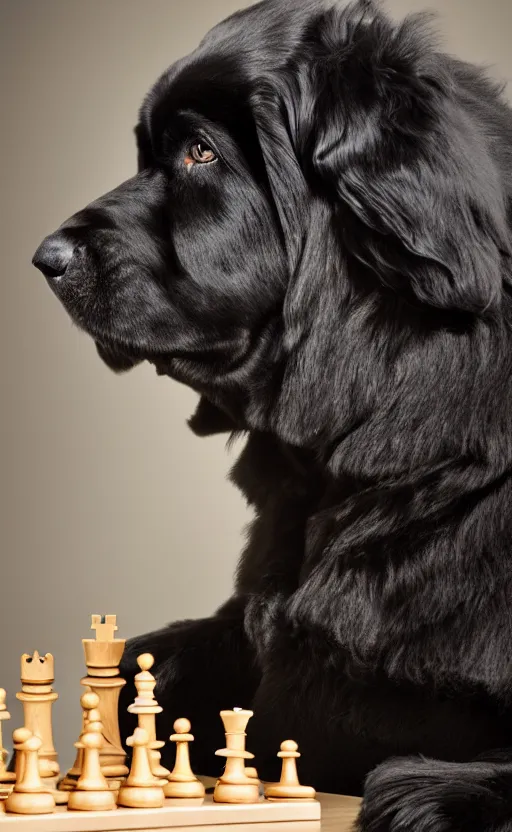 Prompt: An award winning photograph of a black newfoundland dog, looking intelligent, playing chess, studio lighting, medium shot, Sigma 85mm, 8k