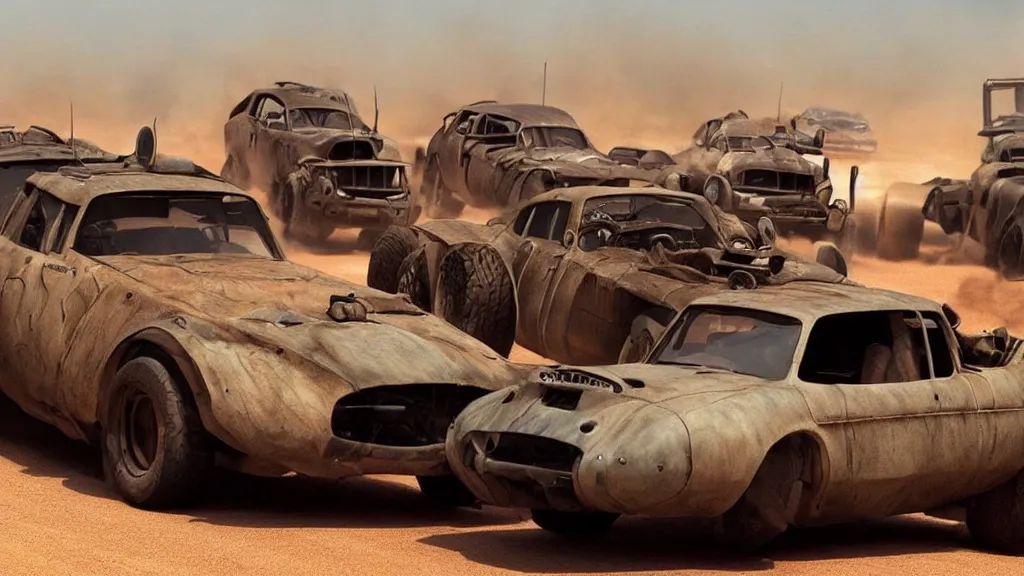 Image similar to mad max cars in a pixar movie