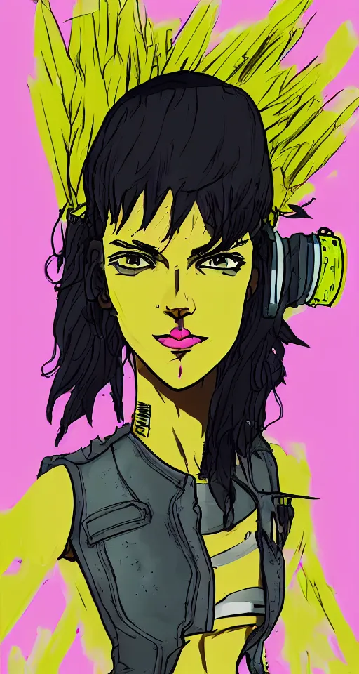 Prompt: portrait of a female gutter punk cyborg, yellow and pink, in the style of Cowboy Bebop