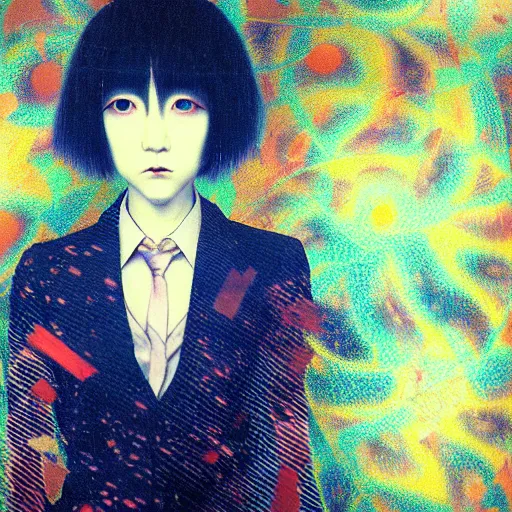 Prompt: yoshitaka amano blurred and dreamy realistic three quarter angle portrait of a young woman with short hair and black eyes wearing dress suit with tie, junji ito abstract patterns in the background, satoshi kon anime, noisy film grain effect, highly detailed, renaissance oil painting, weird portrait angle, blurred lost edges