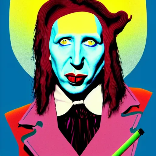 Image similar to graphic illustration, creative design, willy wonka with marilyn manson, biopunk, francis bacon, highly detailed, hunter s thompson, concept art