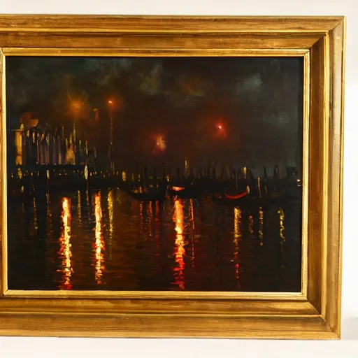 Image similar to an oil painting of couple kissing, in a background fireworks in venice