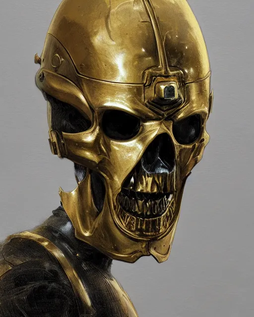 Image similar to three quarter view of a knights helmet gold skull face mask by donato giancola and greg rutkowski, vintage retro scifi, realistic face, digital art, trending on artstation