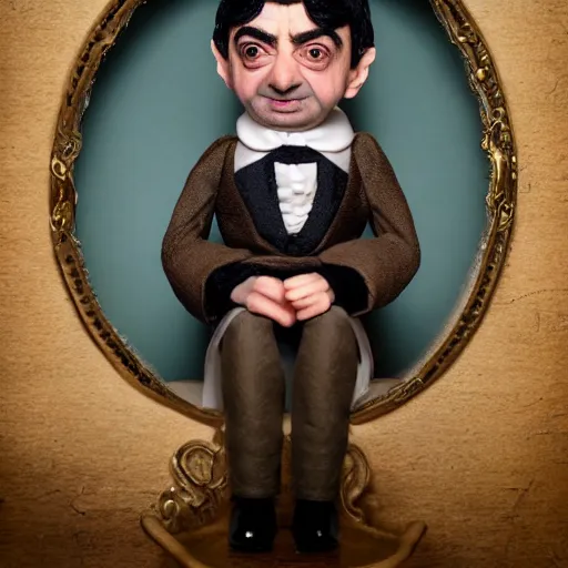 Image similar to A beautiful atmospheric photo of a beautiful Bjd doll of rowan atkinson as mr bean, wearing cute victorian costume, fantasy tea cup, intricate details, sharp focus, symmetrical composition, octane render, 8k, volumetric lighting