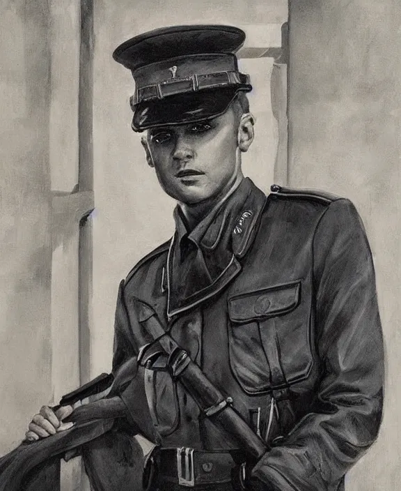 Prompt: portrait of a handsome young german policeman in berlin, art by denys tsiperko and manuel sanjulian and bogdan rezunenko, hyperrealism