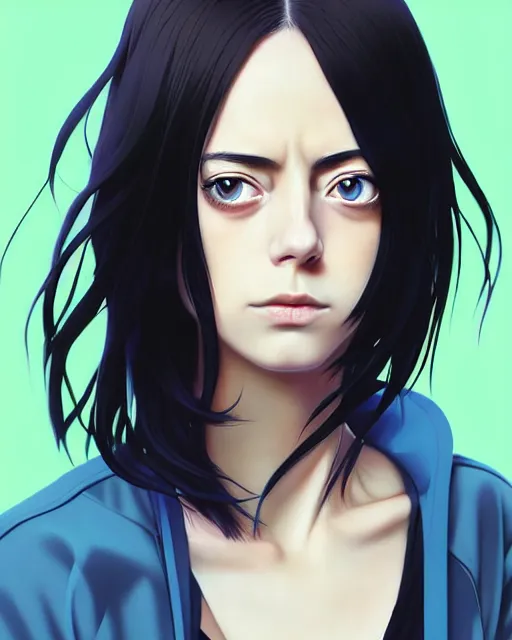 Image similar to portrait Anime kaya scodelario, skins, cute-fine-face, black-hair, blue eyes, pretty face, realistically shaded, Perfect face, fine details. Anime. skins, realistic shaded lighting by Ilya Kuvshinov, katsuhiro otomo, ghost-in-the-shell, magali villeneuve, artgerm, rutkowski, WLOP