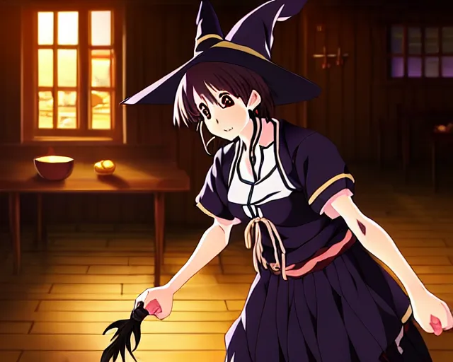 Image similar to key anime visual portrait of a young female witch in a tavern interior defending a companion, dynamic pose, dynamic perspective, cinematic, dramatic lighting.