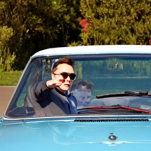 Image similar to close photo of elon musk waving from his lancia fulvia, award winning photograph