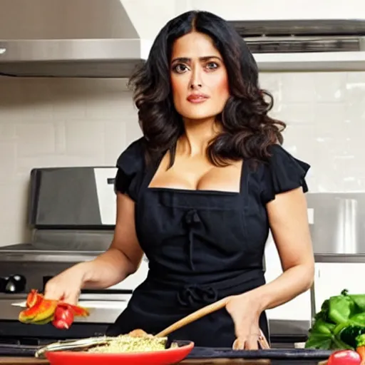 Image similar to salma hayek posing for a cooking show with food, in a kitchen