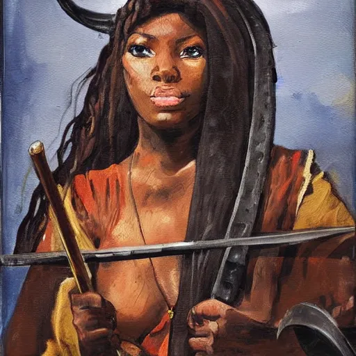 Prompt: black medieval hunter woman, expressive painting