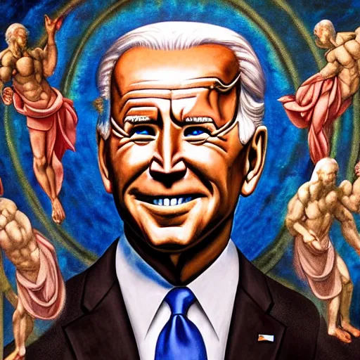 Image similar to a church mural depicting joe biden as a god, 4 k, highly detailed, painted by michelangelo