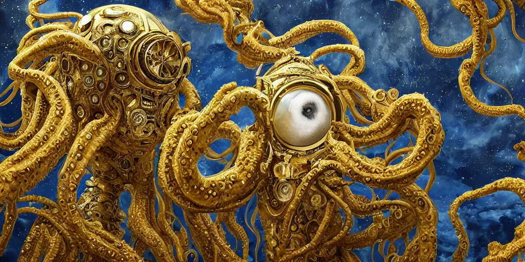 Prompt: a photo of 8k ultra realistic corrupted lovecraftian golden humanoid queen standing next to a spaceship window overlooking earth, 8 intricate white and gold tentacles, ornate white and gold armour, in the style of van gough, cinematic lighting, trending on artstation, 4k, hyperrealistic, focused, extreme details, unreal engine 5, cinematic, masterpiece