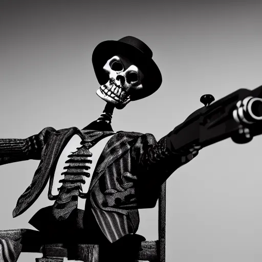 Image similar to mafia skeleton with a puro and a gun in hand, black and white, vintage, 80s movies, 8k cinematic shot, hyper realistic, very detailed
