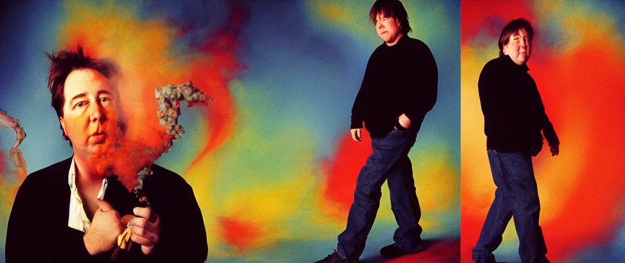 Image similar to award winning photo of bill hicks walking and smoking weed, vivid colors, happy, symmetrical face, beautiful eyes, studio lighting, wide shot art by Sally Mann & Arnold Newman