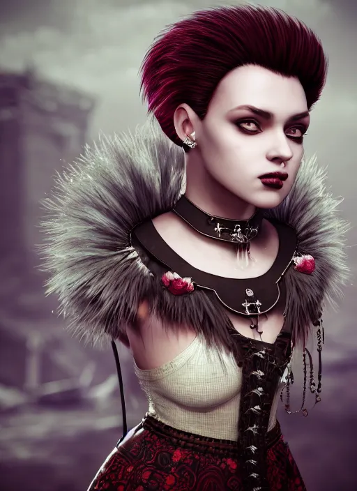 Prompt: a beautiful portrait of a beautiful girl with piercings in a collar with a mohawk hairstyle in a medieval dress, behance hd, oliver mark, global illumination, detailed and intricate environment