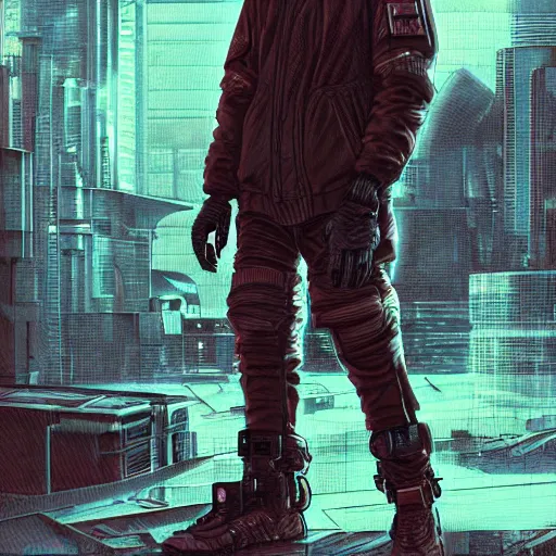 Image similar to a cyberpunk man with implants, techwear, Industrial Scifi, detailed illustration, character portrait, by Martin Grip and Moebius