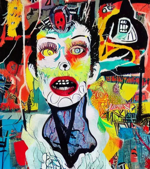 Prompt: acrylic painting of a bizarre nightmare woman in front of an aquarium in tokyo, mixed media collage by basquiat and jackson pollock, maximalist magazine collage art, retro psychedelic illustration