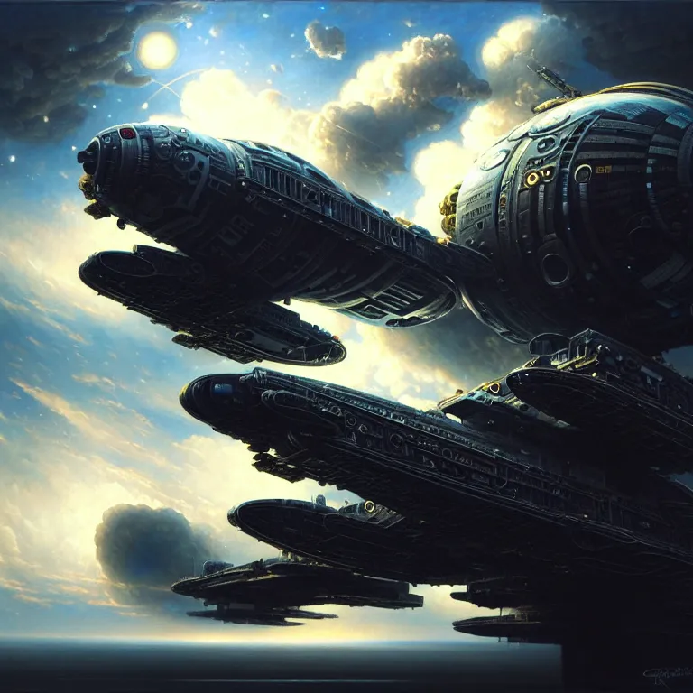 Prompt: a photorealistic painting of an intricate spaceship, clouds, clockwork, realistic, beautiful, highly detailed, realistic, dark, vibrant, futurist, industrial, oil on canvas, by greg rutkowski and otomo, hd