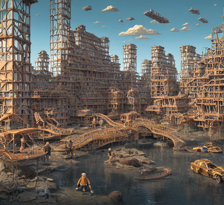 Image similar to hyperrealism photography hyperrealism concept art of highly detailed beavers builders that building highly detailed futuristic city from year 1 0 5 0 0 by wes anderson and hasui kawase and scott listfield sci - fi style hyperrealism rendered in blender and octane render volumetric natural light